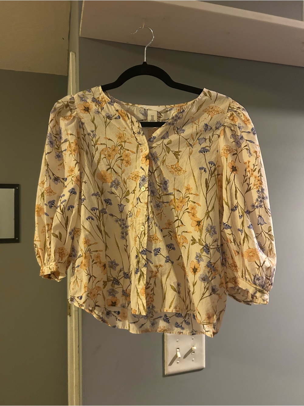 H&M Cream Floral Puff-Sleeve Button Blouse